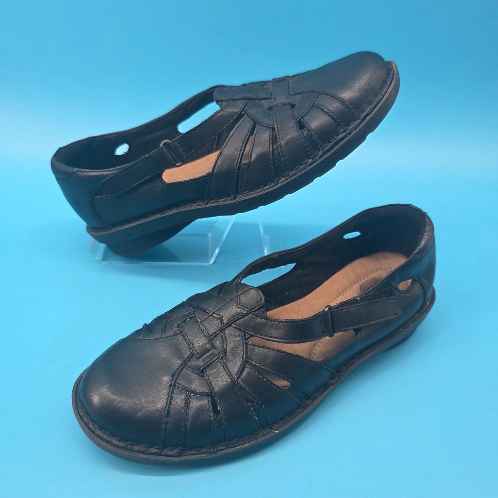 Clarks Womens Black Leather Fisherman Sandals 85716 Strappy Comfort Flats 7.5M